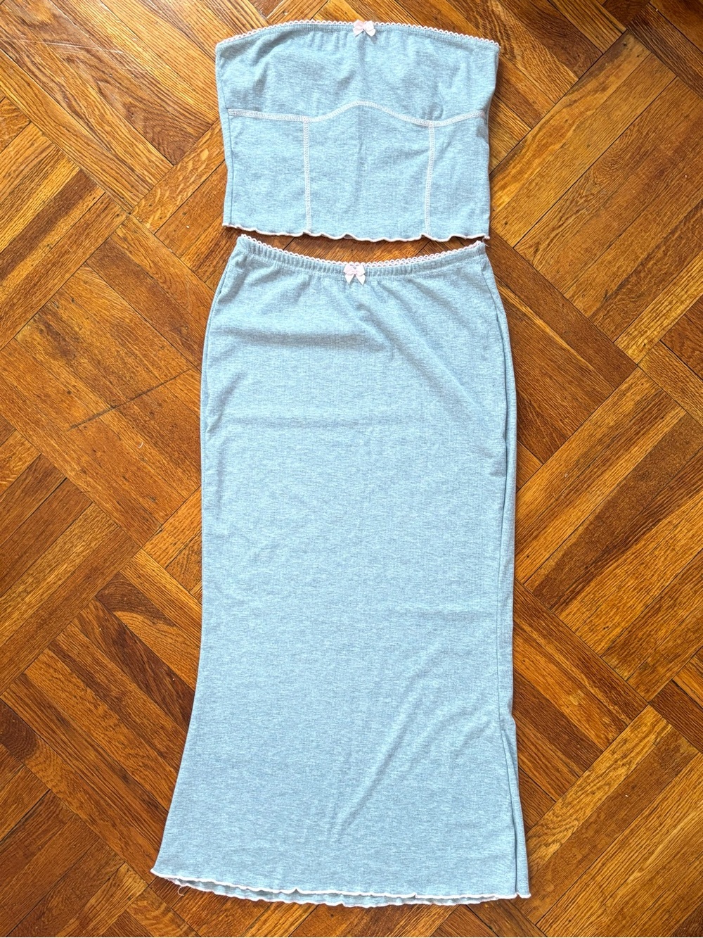Light Grey Strapless Crop Top and Midi Skirt Set